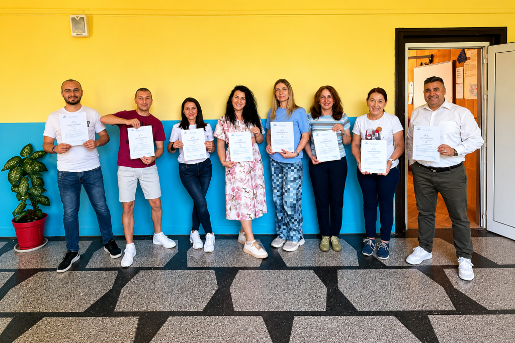 Eight adults stand in a yellow-and-blue hallway, each holding a certificate.