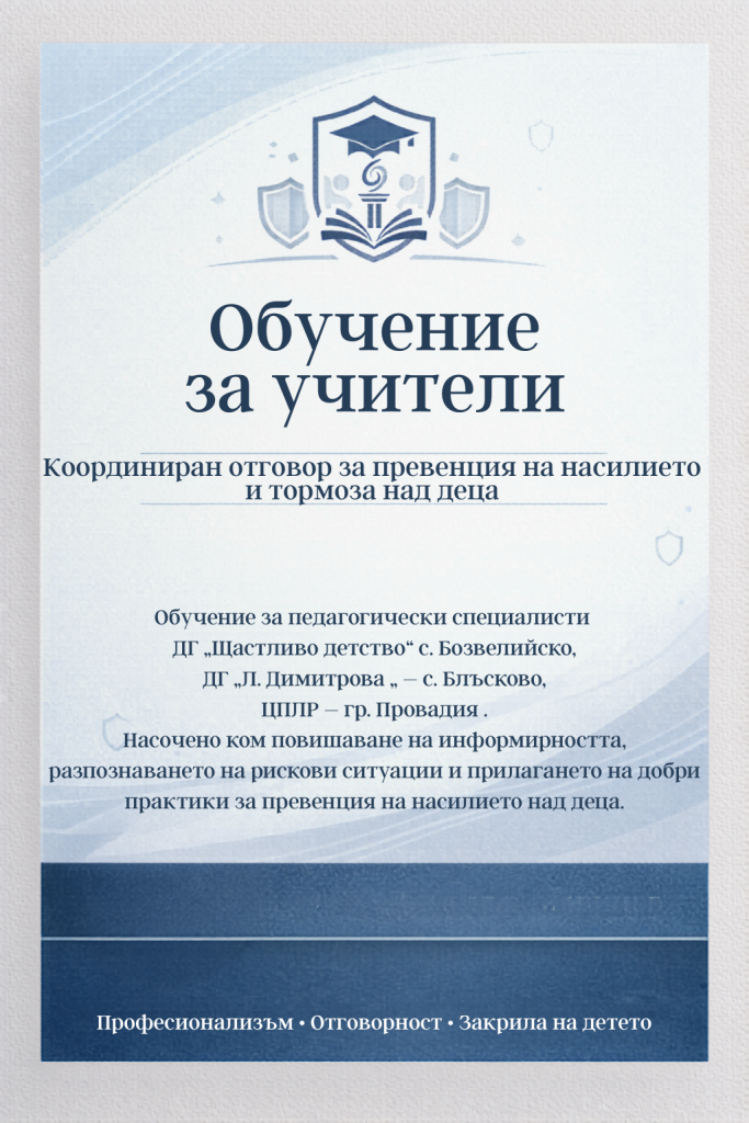 Плакат за обучение на учители по превенция на насилието над деца, синьо-бял дизайн и емблеми.