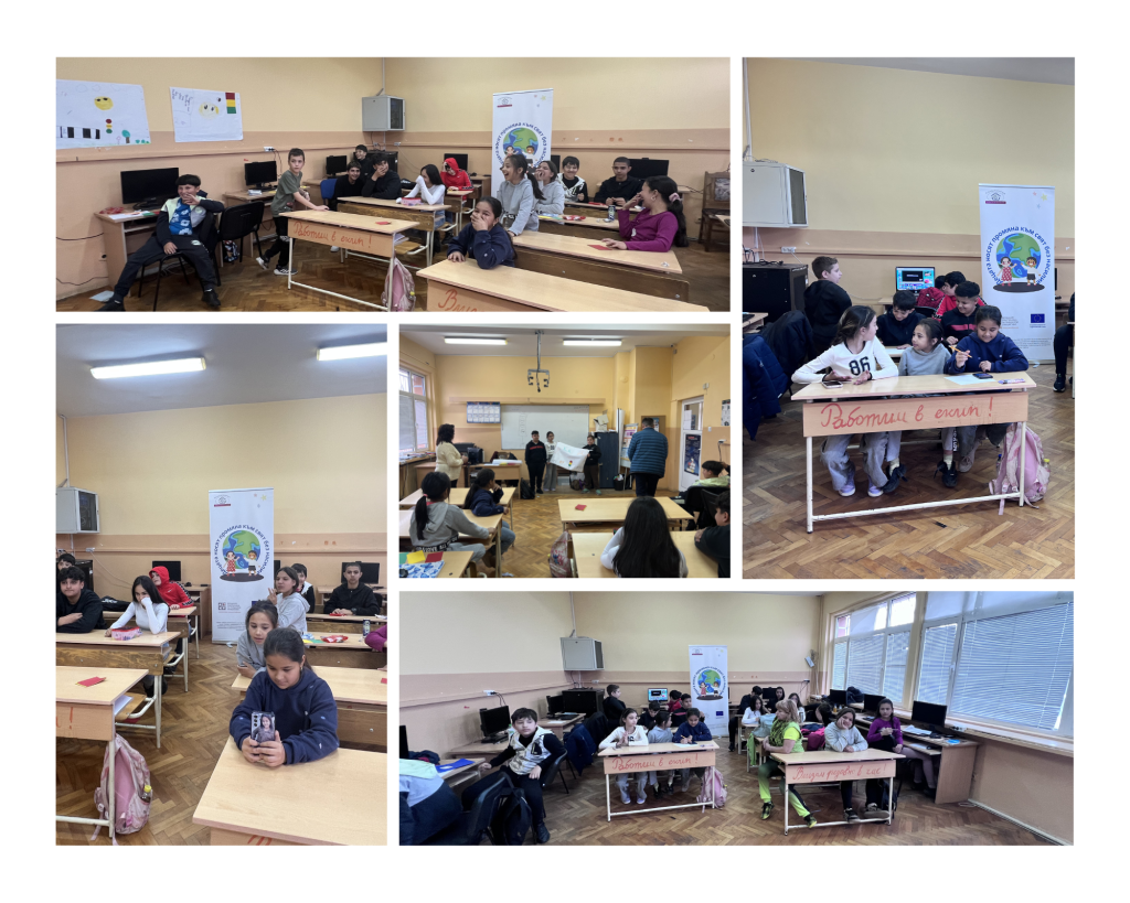 Collage of a classroom with students at desks, a banner with a globe logo, and laptops on desks.