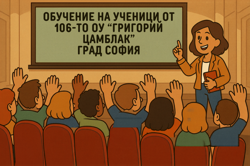 Teacher stands at the front of a classroom, a book in hand, students raise hands as they listen; board shows a Bulgarian school name.