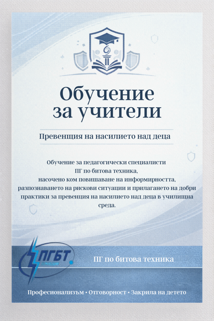 Poster in blue tones advertising teacher training for preventing child abuse, featuring a school crest and shields with Bulgarian text.