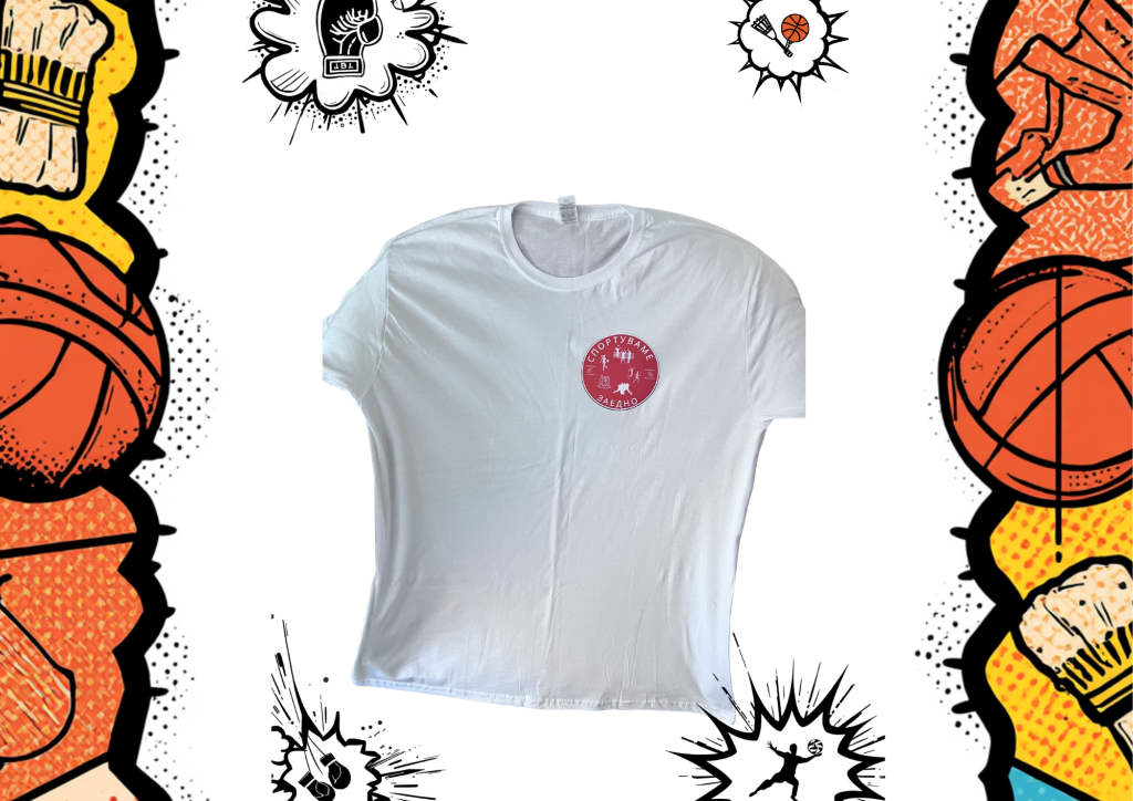 Light gray T-shirt with a red circular logo on the chest, surrounded by colorful pop-art sports imagery in the background.