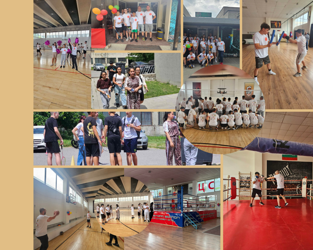 Collage showing groups of people in white shirts at a sports club: indoors gym activities, boxing, volleyball, and outdoor group photos with balloons and equipment.